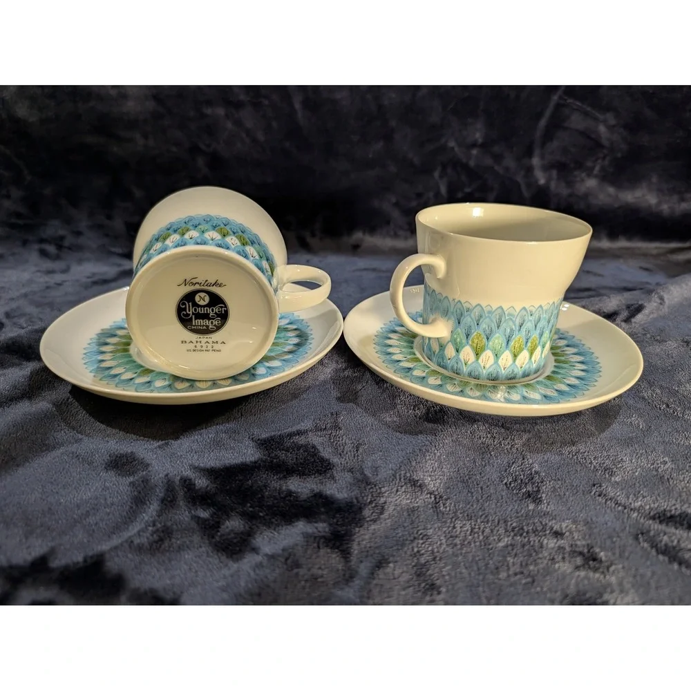 Noritake Younger Image Bahama Coffee Cups Saucers Set of 2 Blue Green Floral MCM - Picture 2 of 10